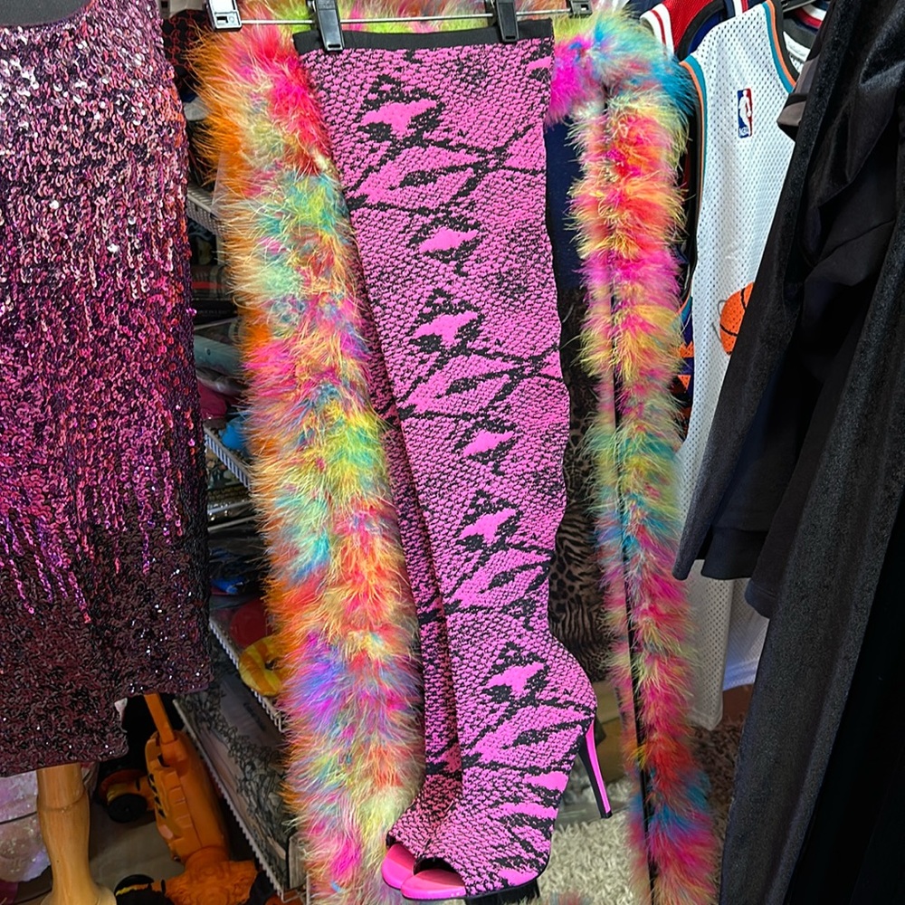 Beautiful, pink and black soft open toe boots knee high very sexy